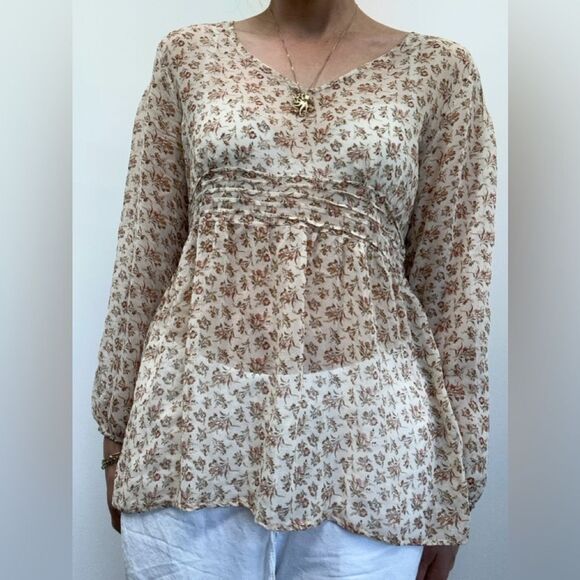 Tess Studio 100% Silk Tan Floral Sheer Long Sleeve Sheer Boho Blouse Size S/M - Picture 2 of 14